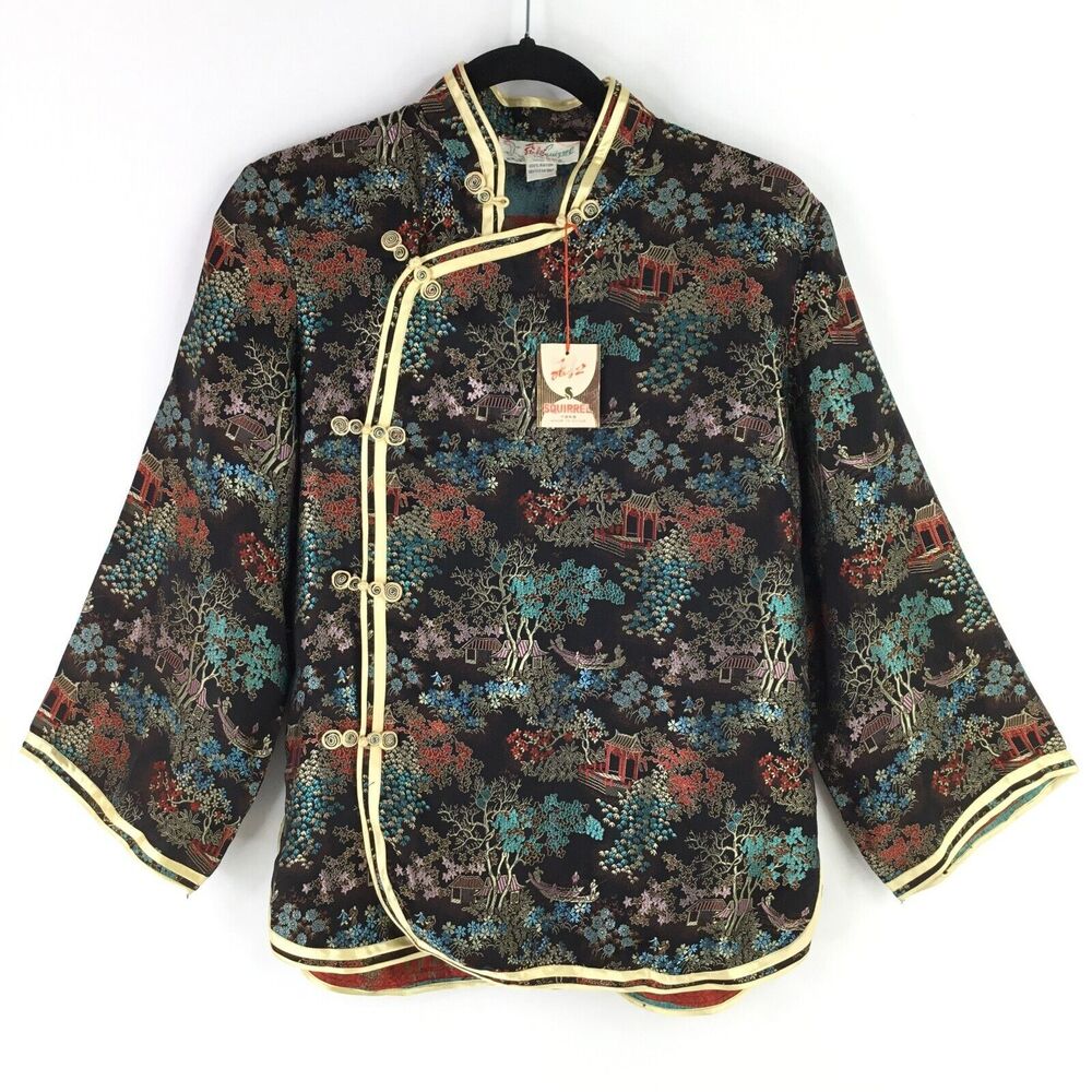 Vintage Solz Squirrel Satin Asian Jacket Womens sz L Black Multi 3/4 Sleeve NEW